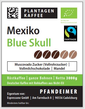 Espressone Bio Fair Plantagenkaffee "Mexico Blue Skull" 3kg Eimer
