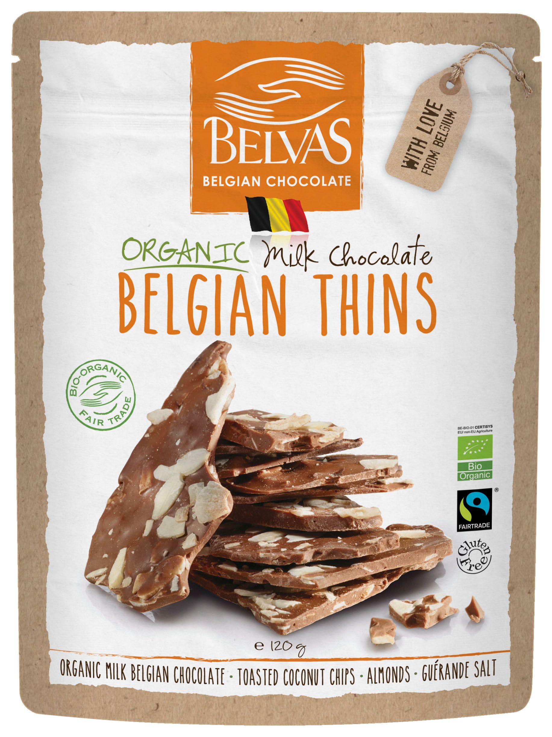 Belgian Thins - Chocolat au lait amande coco - 120 gr 