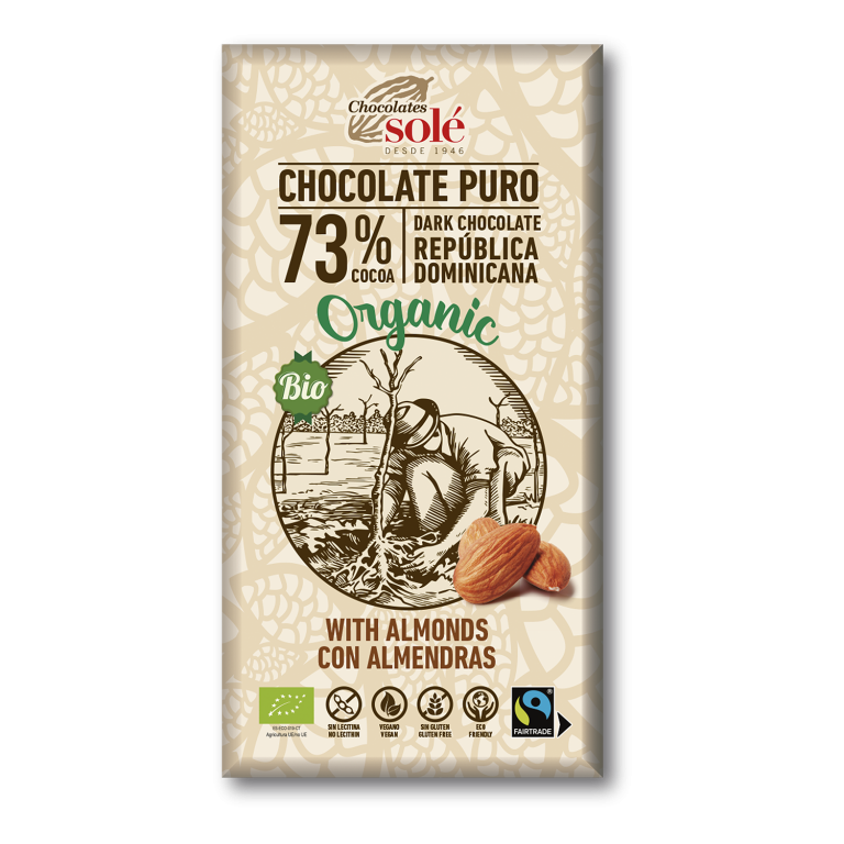 Chocolate negro 73 porcentaje con almendras ecológico