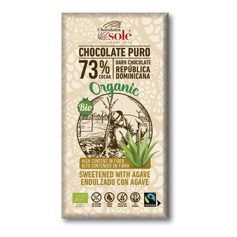 Chocolate negro 73 por ciento endulzado con Agave ecológico  