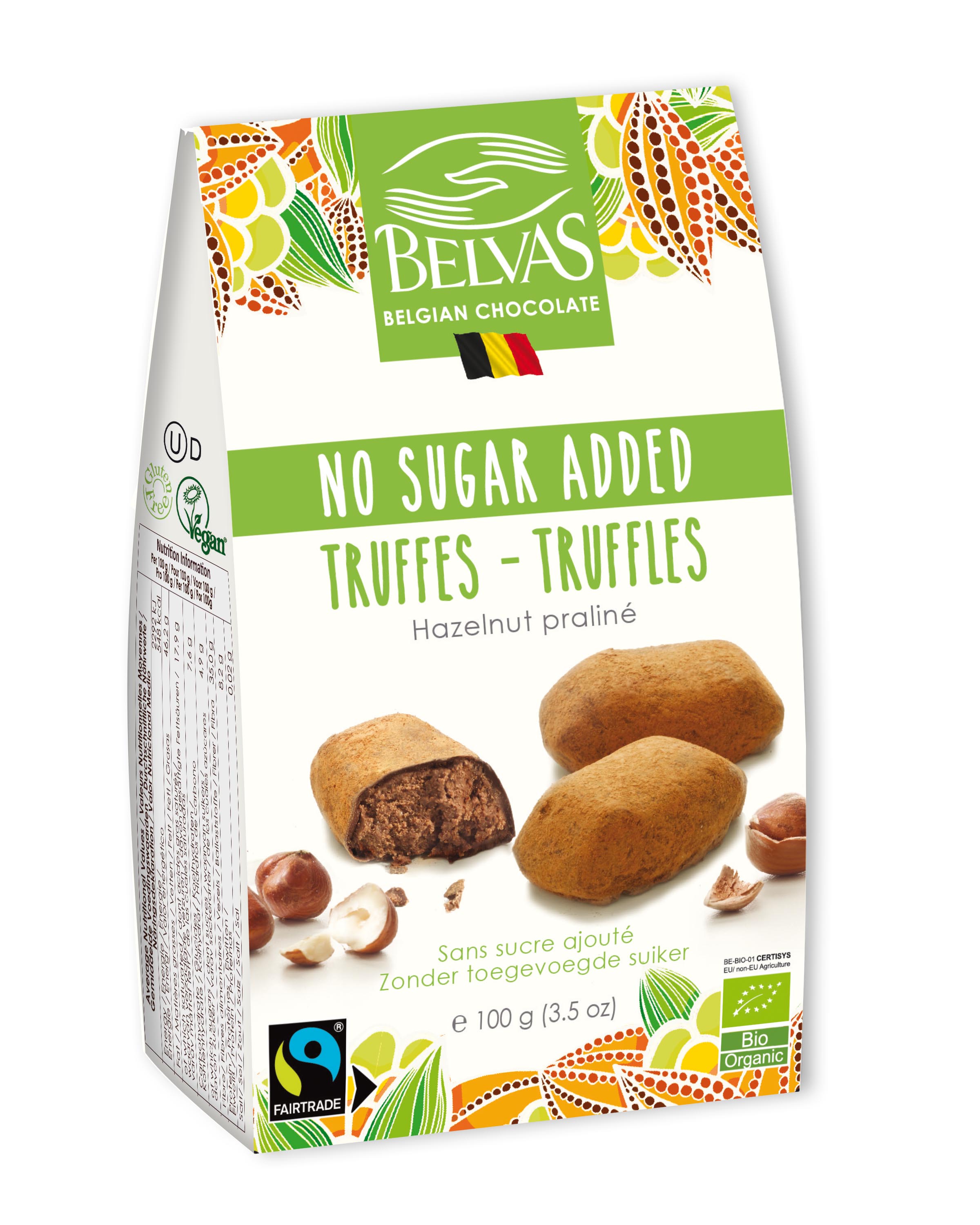 Cartonnette Hazelnut Truffles No Sugar Added Organic Fairtrade 100gr Belvas