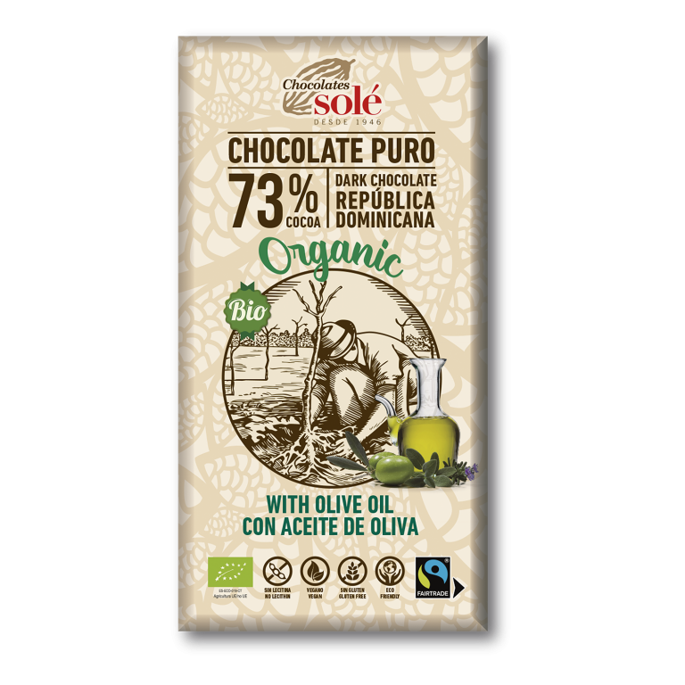 Chocolate negro 73 por ciento con aceite de oliva ecológico  